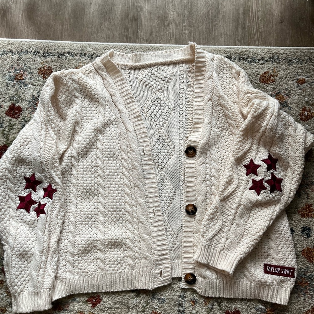 Taylor Swift Ivory Cardigan with Burgundy Star Accents